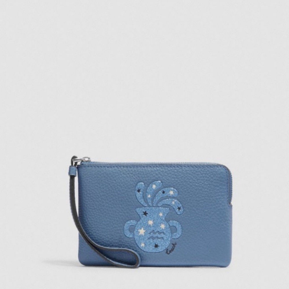 NWT Coach Corner Zip Wristlet In Canvas Leather With Aquarius CF530